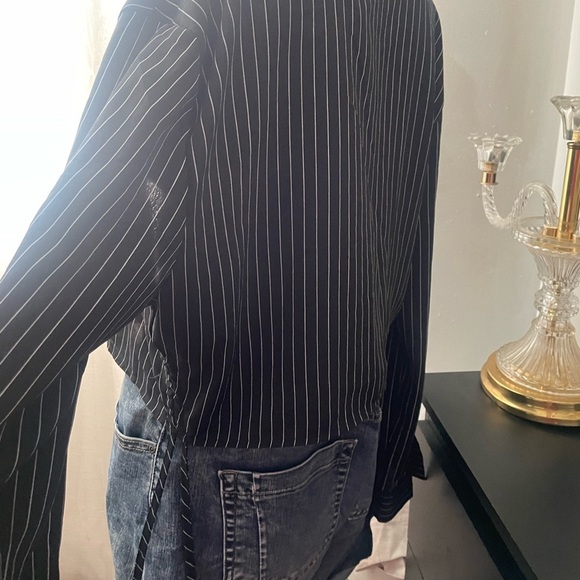 Chic Black Striped Button-Up Shirt with side draw strings - Picture 2 of 8